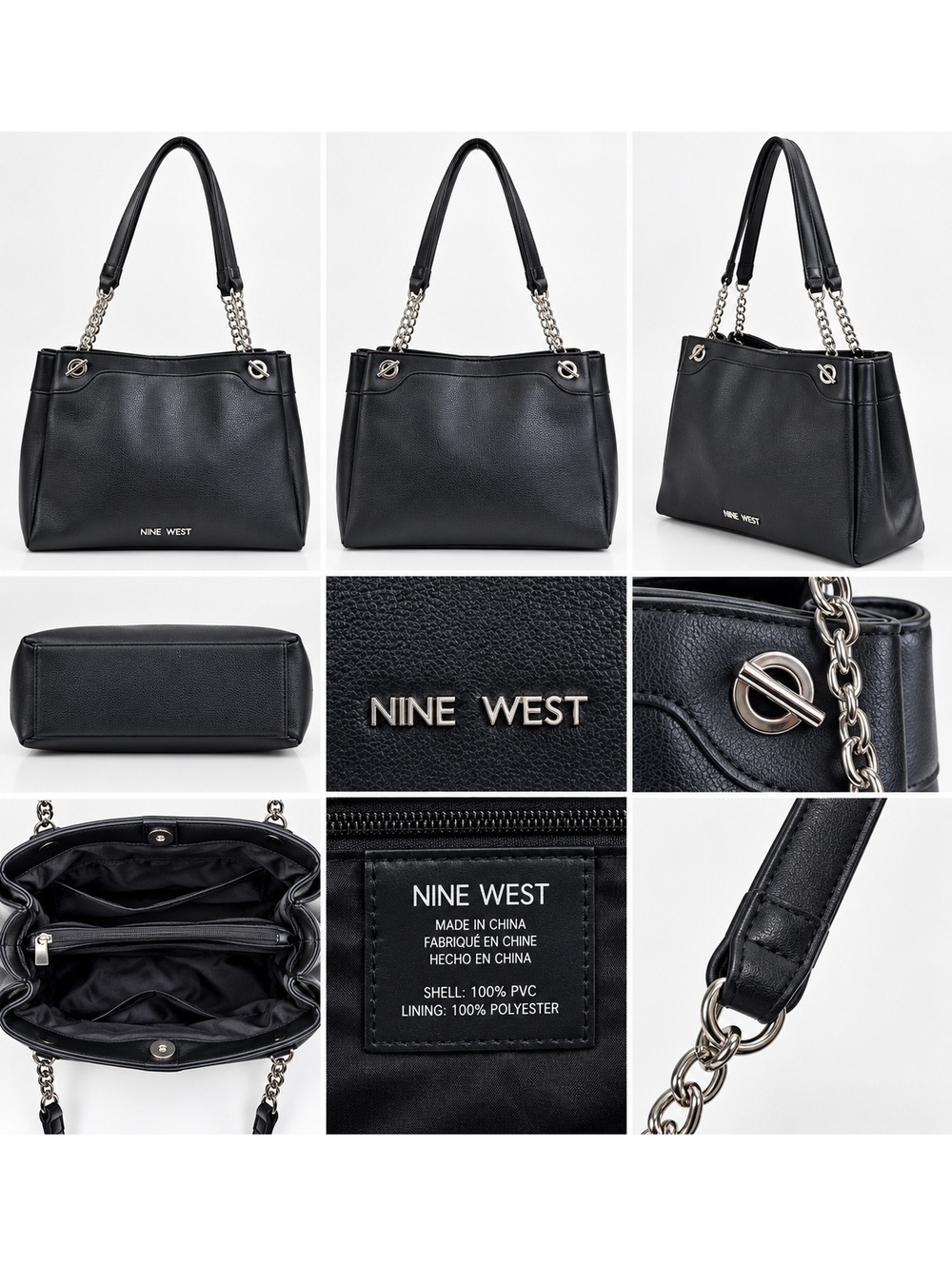ent sNine West Black Faux Leather Tote Bag with Chain Handles Large Handbag